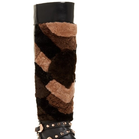 Ivy Kirzhner New Luxe TALL Hidden Wedge Stud Leather & Shearling Boot BLACK πHP - Picture 4 of 17
